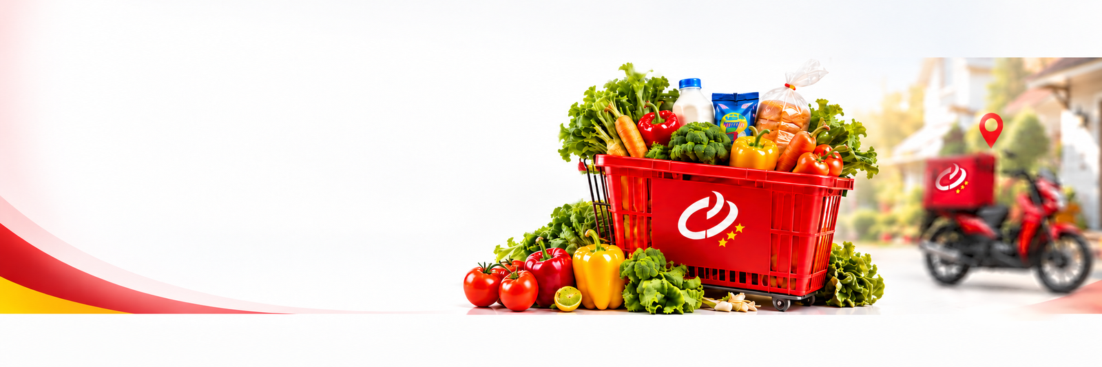Celbert grocery basket filled with fresh produce, with a delivery rider nearby